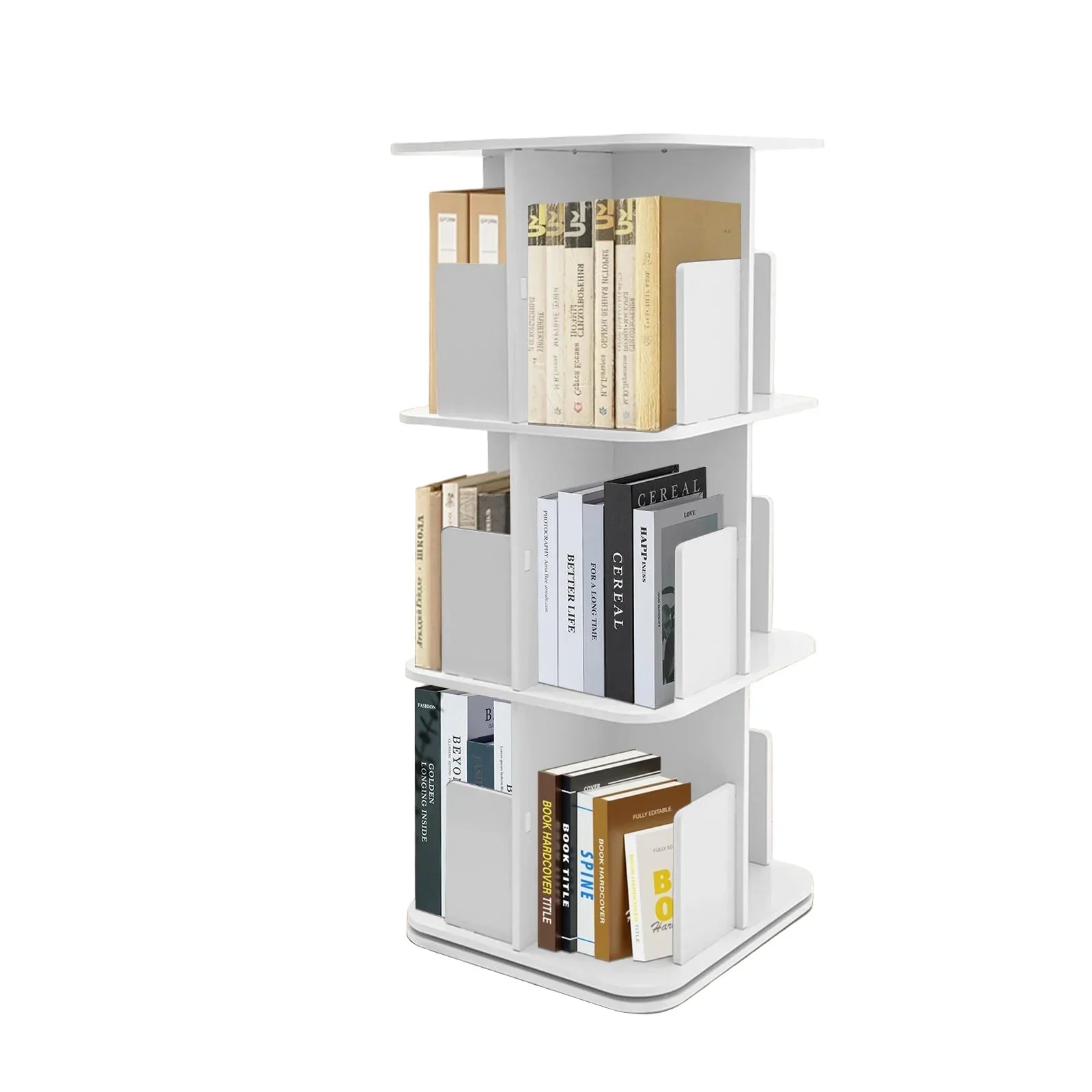 Drehbares Bücherregal mit 3 Ebenen – 360° Regal aus Edelstahl mit Schreibtischunterlage, Weiß