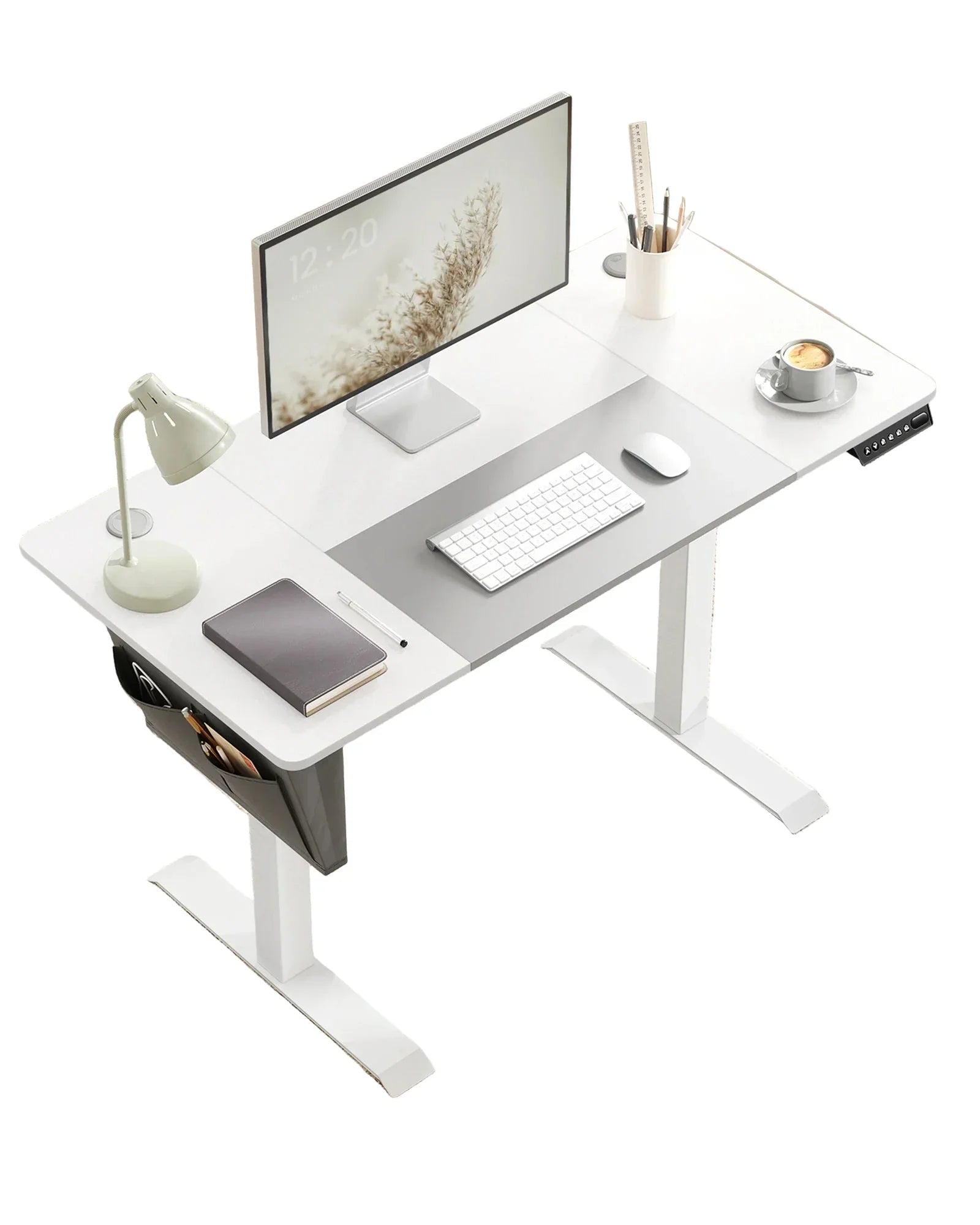 Höhenverstellbarer Elektrischer Schreibtisch mit Stoff-Organizer – 120 x 60 cm – MDF & Stahl