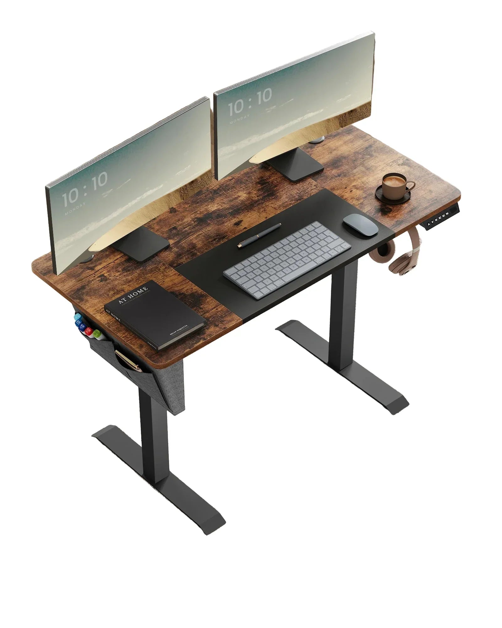 Höhenverstellbarer Elektrischer Schreibtisch mit Stoff-Organizer – 120 x 60 cm – MDF & Stahl