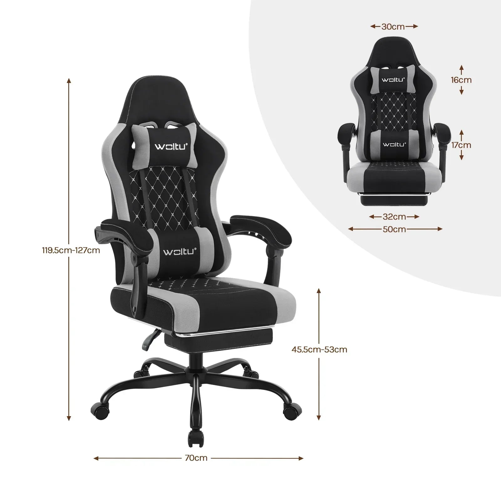 Gaming-Stuhl mit Fußstütze – Drehbarer Computerstuhl mit Kopfstütze und Kissen, 70 × 70 × 127 cm