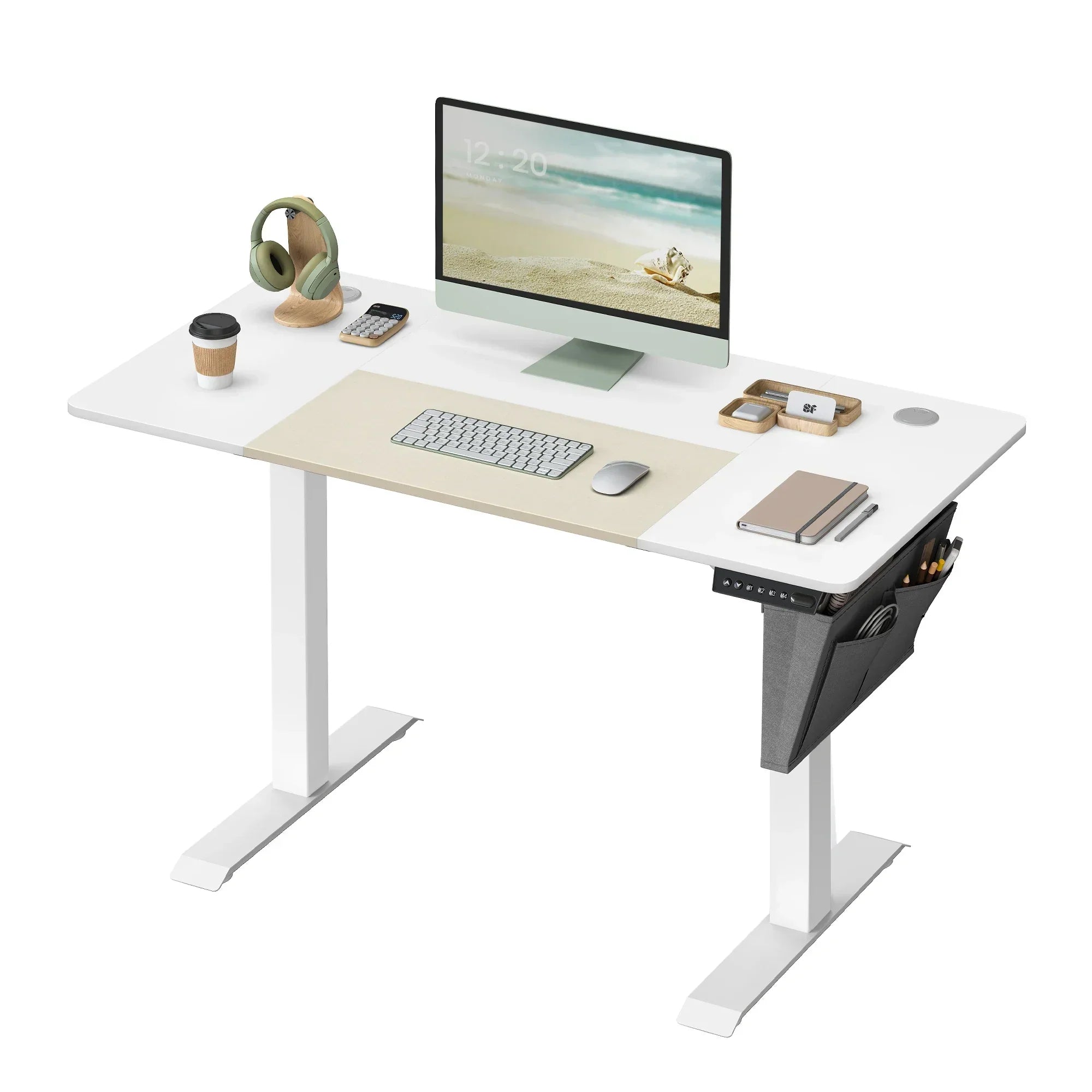 Höhenverstellbarer Elektrischer Schreibtisch mit Stoff-Organizer – 120 x 60 cm – MDF & Stahl