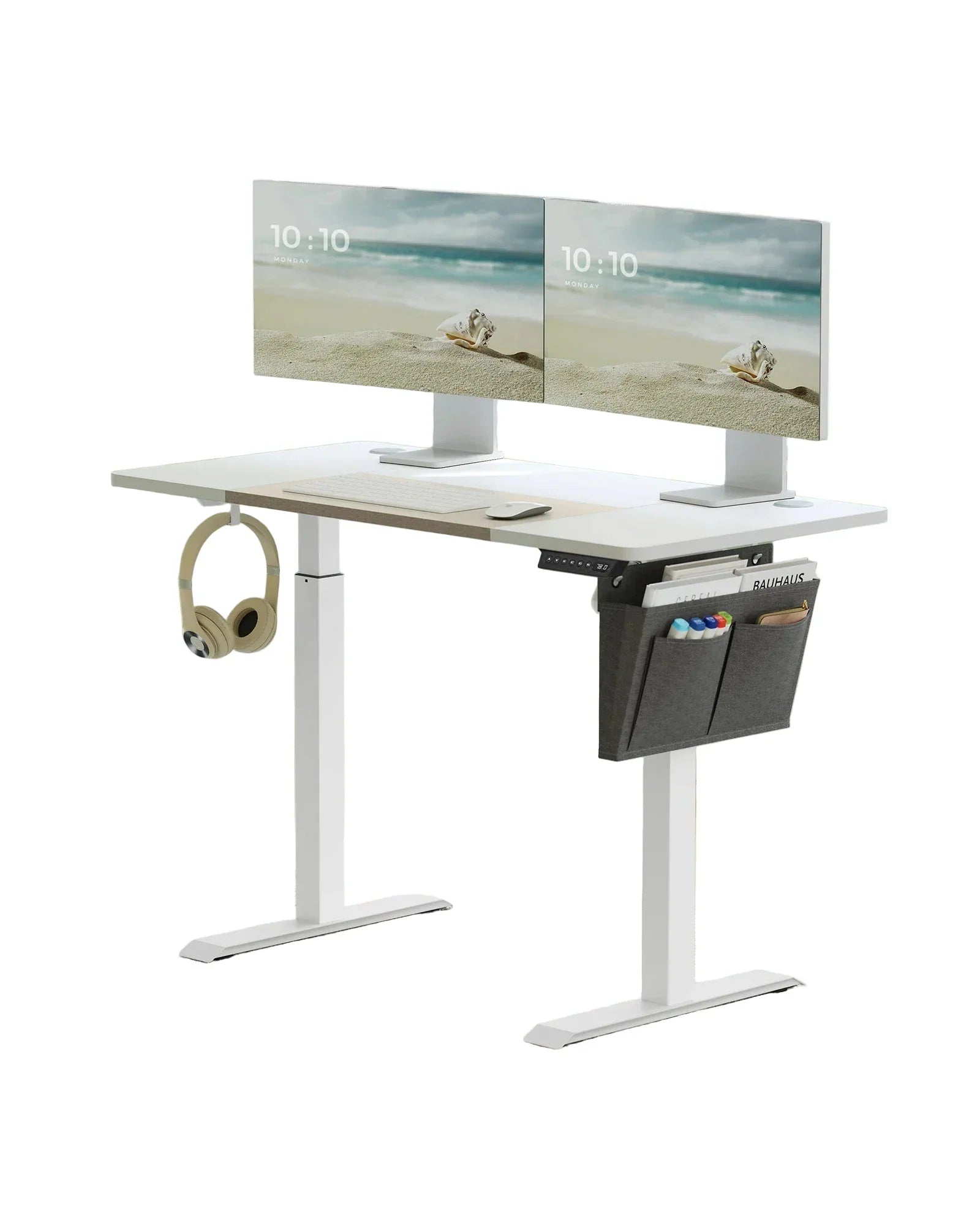 Höhenverstellbarer Elektrischer Schreibtisch mit Stoff-Organizer – 120 x 60 cm – MDF & Stahl